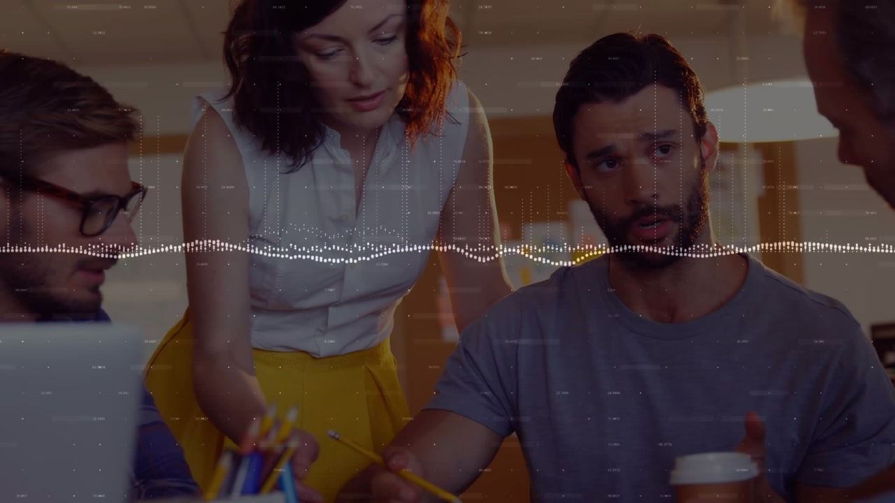 Seated man starting sketching paper and explaining for business, team pointing, waveform syncing
