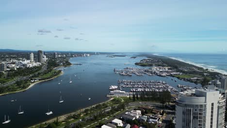 Aerial-view-of-the-Gold-Coast-Superyacht-marina,-iconic-beaches-and-Broadwater-tourist-area