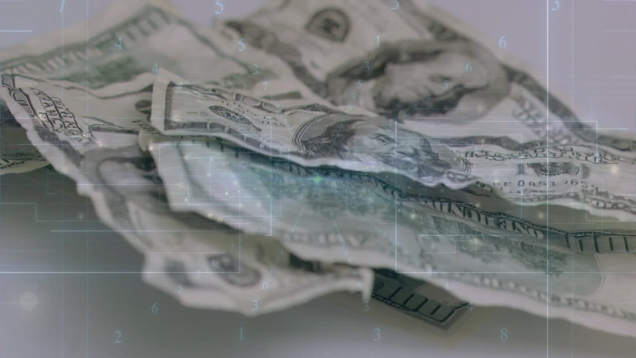 Camera starting top sweep, shifting, tilting, revealing US dollar stack, HUD grid sliding for study