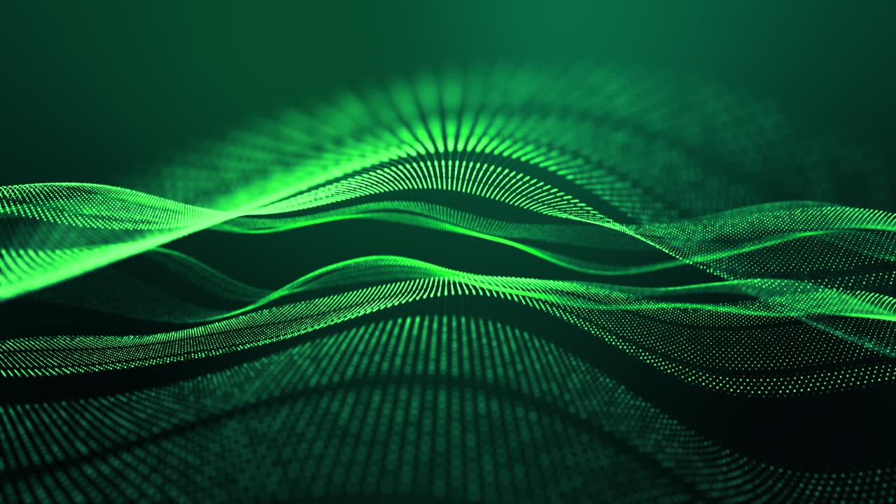 4k looped abstract green background of glow particles form lines, surfaces, stripes structures as futuristic landscape in cyberspace or hologram. Sci-fi theme with DOF, lighting effects and bokeh.
