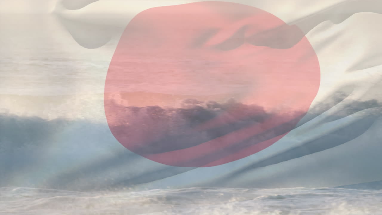 animación de la bandera de japón ondeando sobre el paisaje marino de la playa