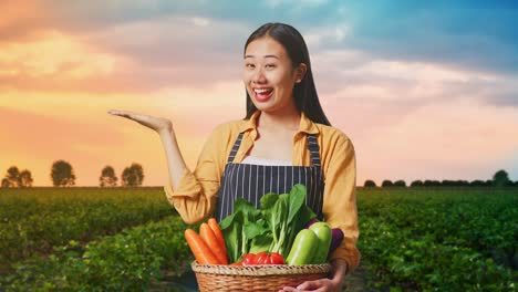 asian female farmer with vegetable basket showing open hand palm while standing in field