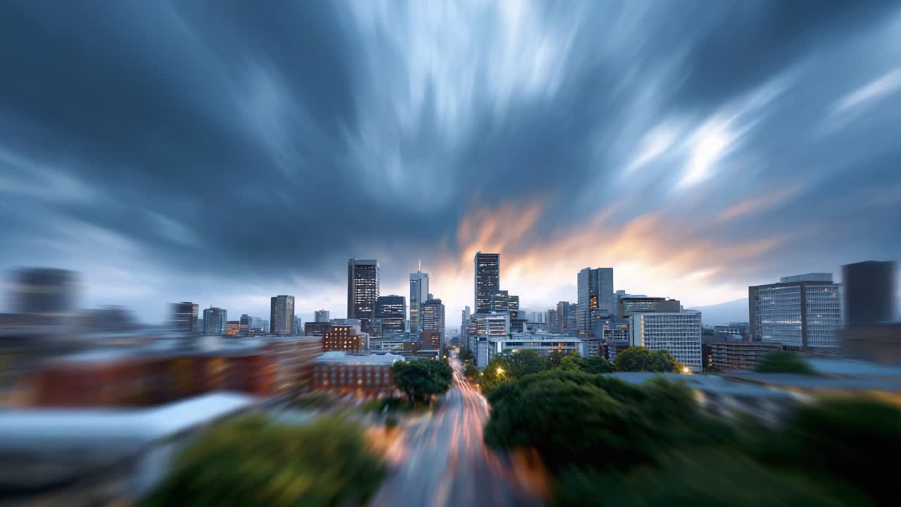 Stunning Urban Transformation: A Vibrant Cityscape Shifts from Daylight to Night, Showcasing Skyscrapers, Dramatic Clouds, and Illuminated Roads