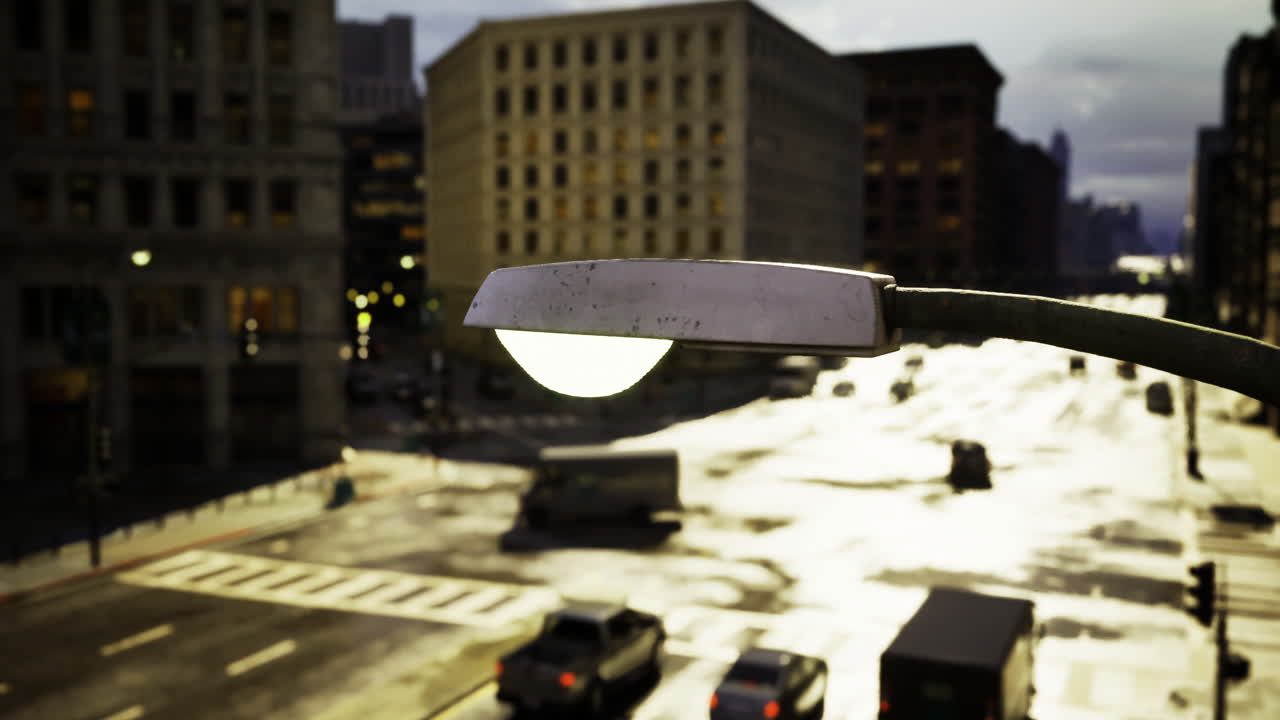 City street at dusk illuminated by streetlights and traffic