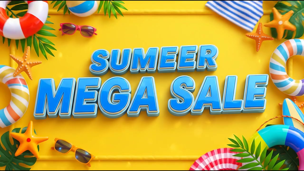 Sommer megaudsalg reklame typografi på levende gul baggrund med strandtema dekorationer