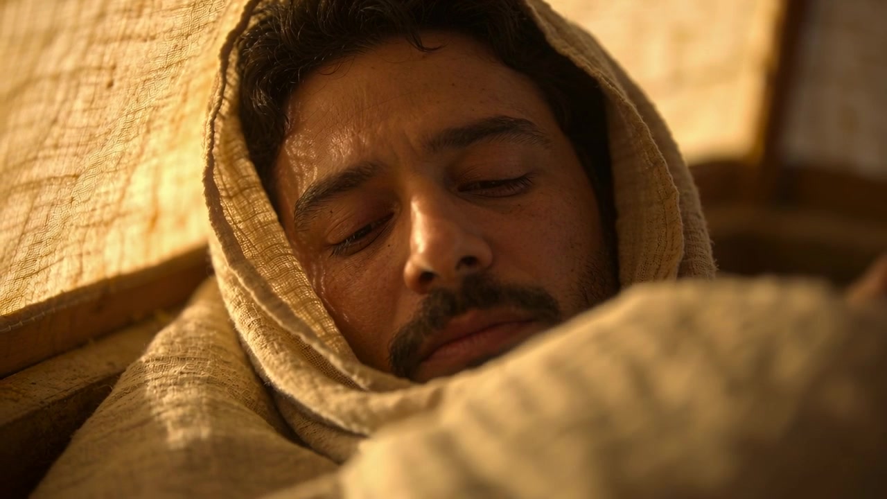 Uomo adulto che si addormenta dopo una luce calda all'interno di una cassa di legno, avvolto in uno scialle ruvido beige.