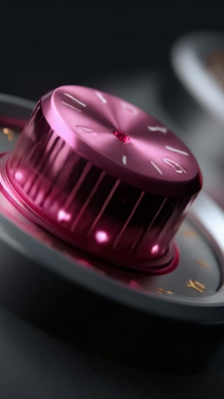 Uma vista em close-up de um elegante botão rosa em um dispositivo sofisticado, exibindo seu design intrincado e luzes brilhantes, perfeito para realçar o apelo estético moderno