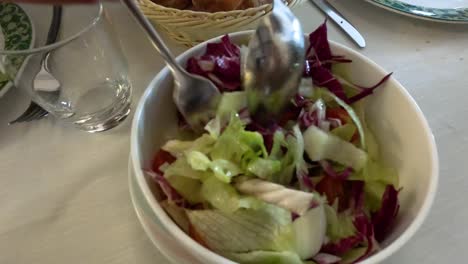 preparing a fresh mixed leaf salad