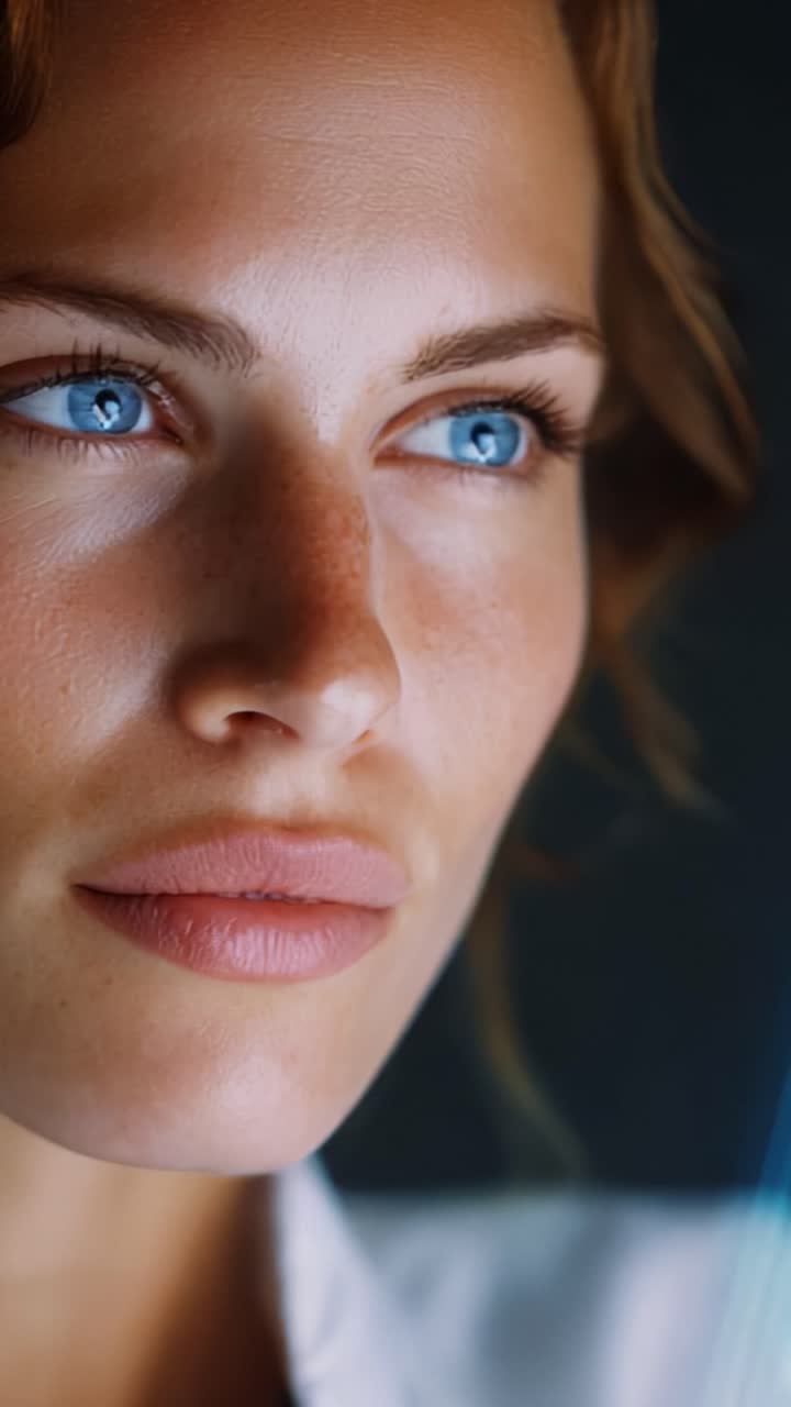 Captivating Close-Up of a Thoughtful Woman with Striking Blue Eyes, Showcasing Natural Beauty and Expressive Features Against a Dark Background, Highlighting Her Introspective Moment with Soft Lighting