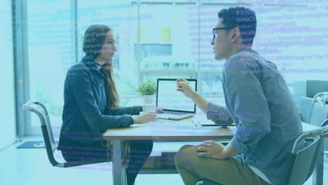 animation of data processing over diverse colleagues talking in office