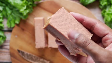 close up of canned meat on table ,