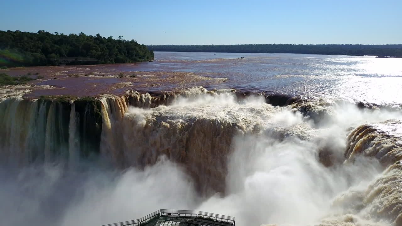 Breathtaking viewpoint of Iguazu Falls from the Argentine side, perched atop the majestic Devil's Throat, capturing the awe-inspiring beauty of this natural wonder