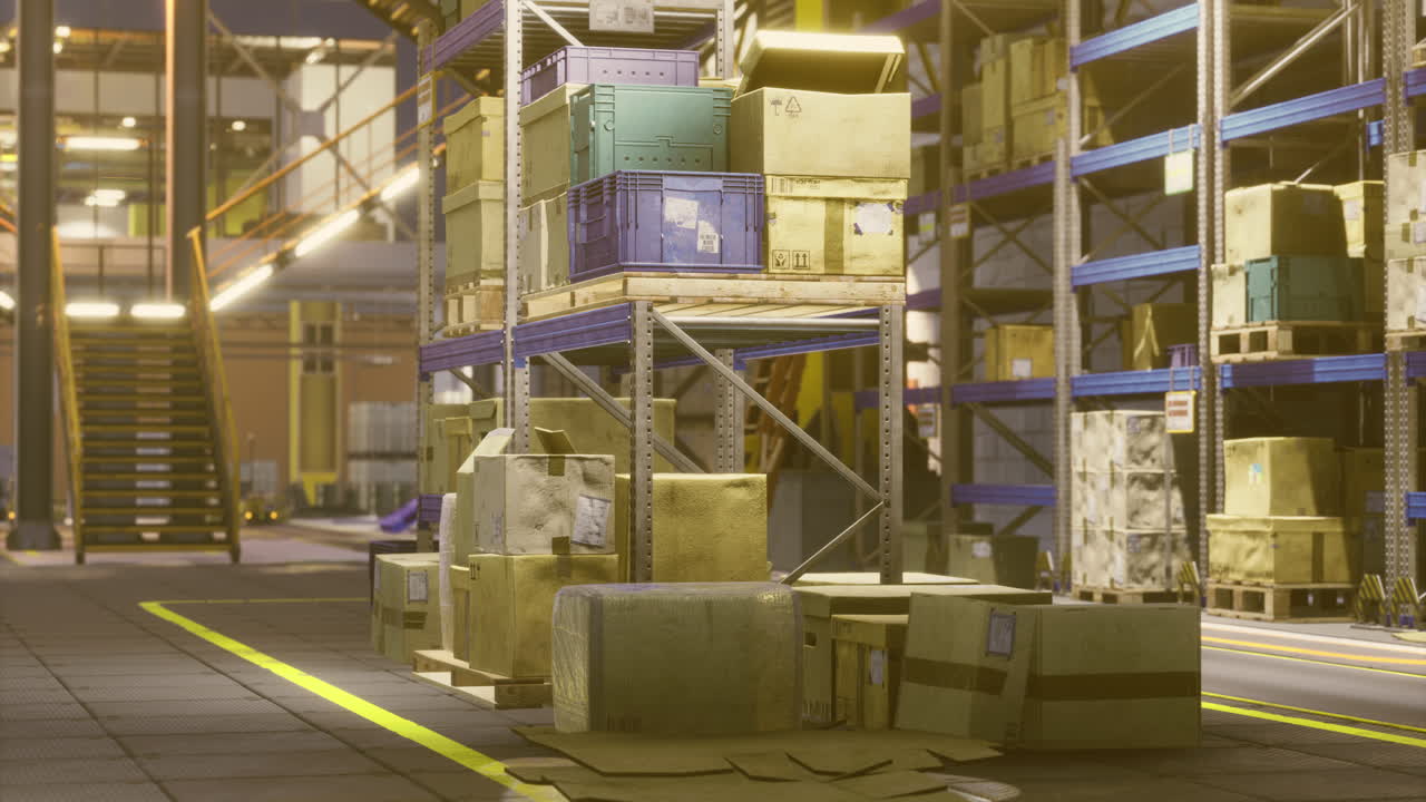 Warehouse stacked high with boxes during evening hours near loading bay