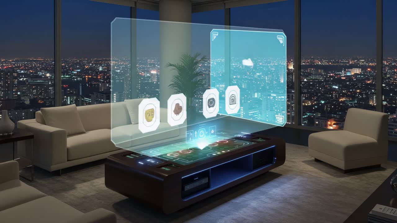 Elegant Urban Living Space Features a High-Tech Interactive Coffee Table Displaying Digital Content Amidst a Stunning Cityscape at Night