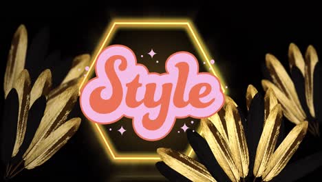 animation of style text and neon hexagon over leaves on black background