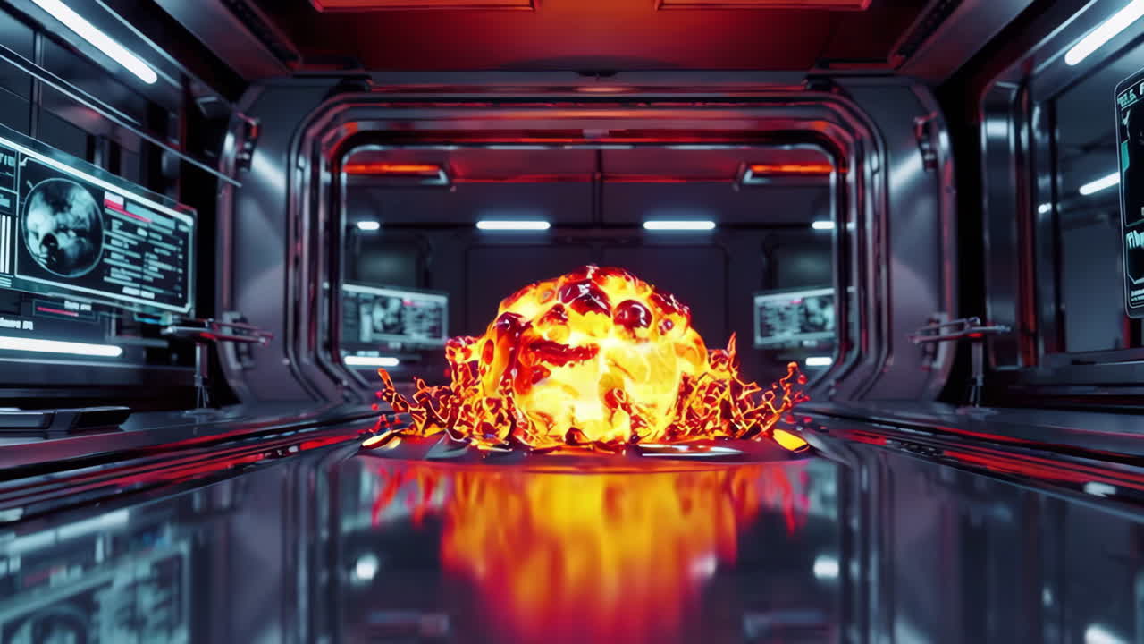 взрыв огненной энергии в футуристическом научно-фантастическом коридоре