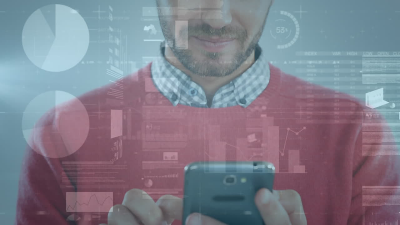animación del procesamiento de datos financieros sobre un empresario caucásico que usa un teléfono inteligente