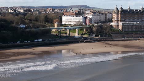 Aerial-footage-of-Scarborough-Spa-bridge-and-Grand-Hotel-in-winter