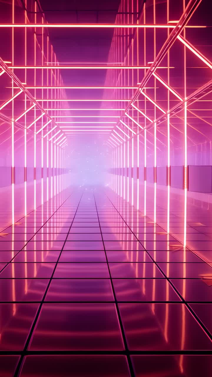 Vertical video: Starting camera moving into neon arches toward glowing haze, showing shiny floor