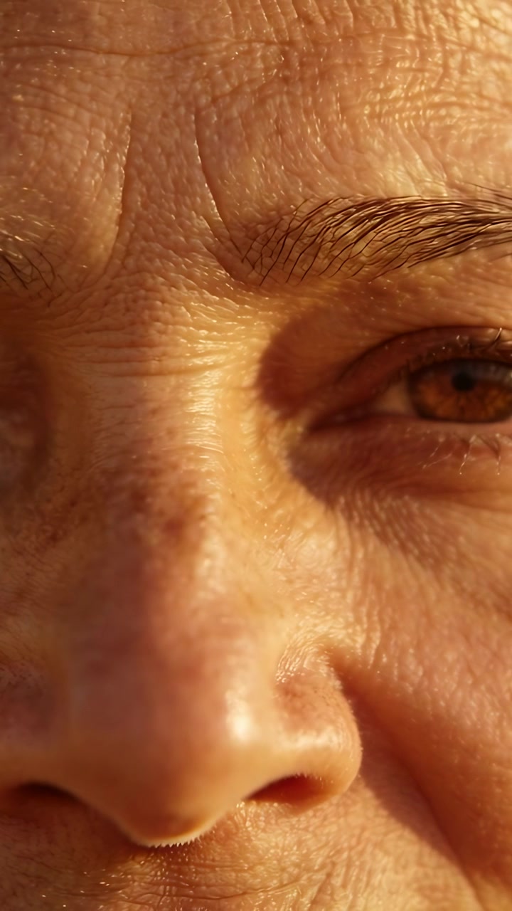 Video verticale: Telecamera che si allontana per rivelare una donna anziana con uno sguardo fisso al sole, occhio destro