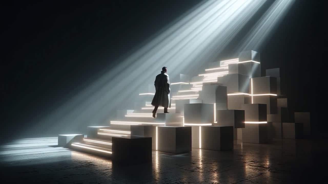 A solitary figure ascends a futuristic staircase illuminated by radiant beams of light, creating an ethereal atmosphere that blends movement, depth, and visual intrigue in the stillness