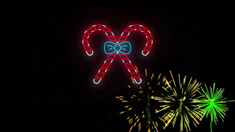 animación de bastones de caramelo de navidad y fondos de fuegos artificiales