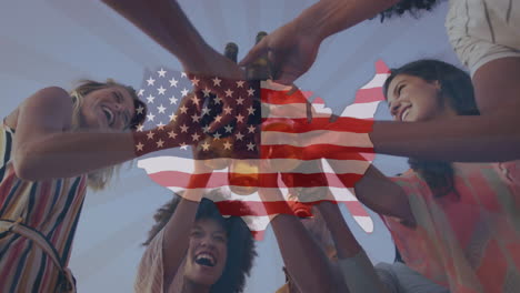 group of friends toasting with drinks over usa flag animation