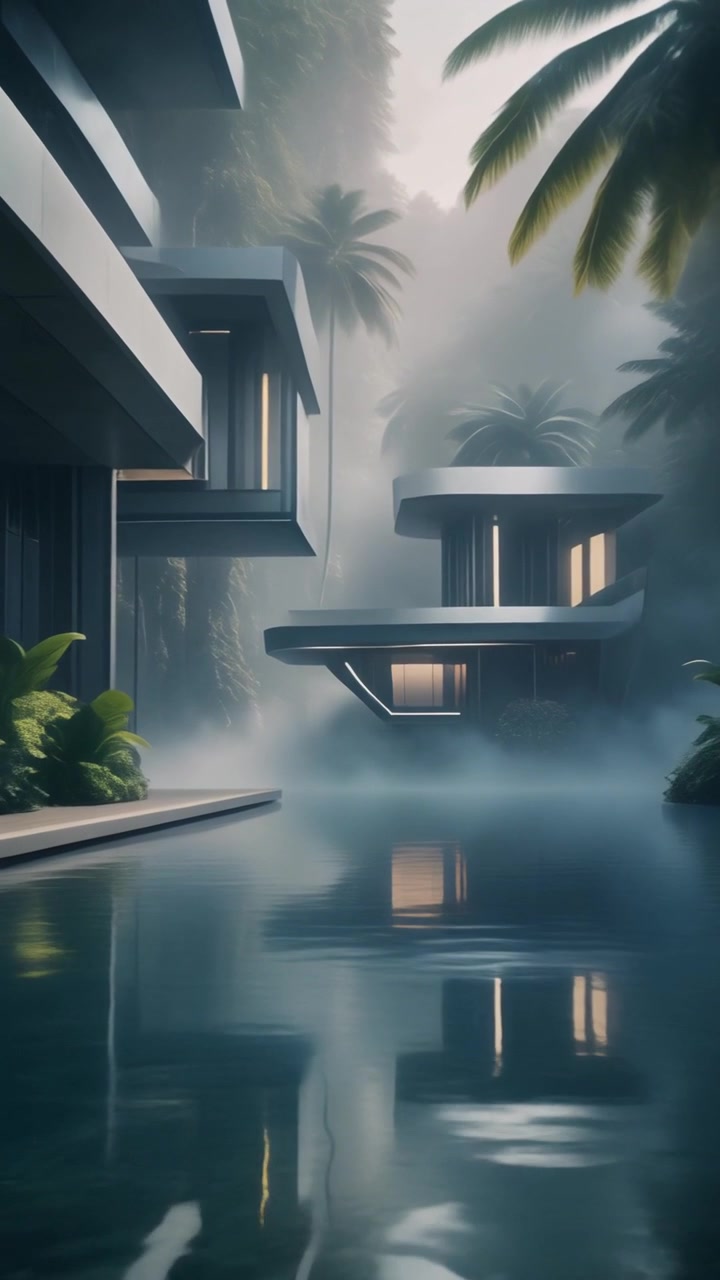 Edificio architettonico moderno circondato da una giungla tropicale nebbiosa, foschia e una calma superficie d'acqua