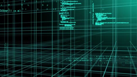 animation of layers of processing data and coding moving over 3d grid on black background