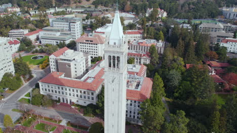 aerial view of the campanile tower in university of california berkeley campus, revealing drone shot