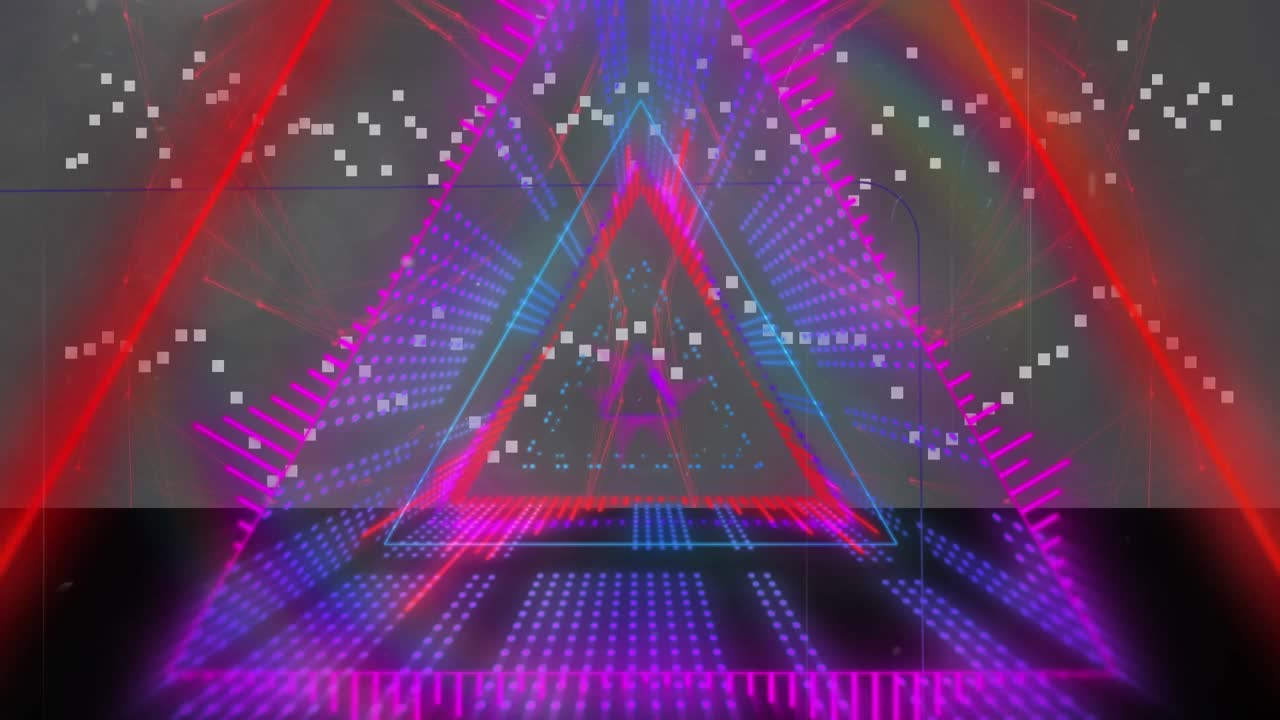 Animation of moving lights and glowing blue lines and shapes moving over black background