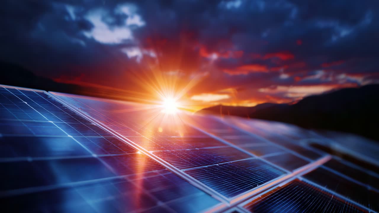 Capturing the Radiance: Solar Panels Glimmering Under a Vibrant Sunset, Showcasing Renewable Energy Harnessing Nature's Power at Dusk and Dawn