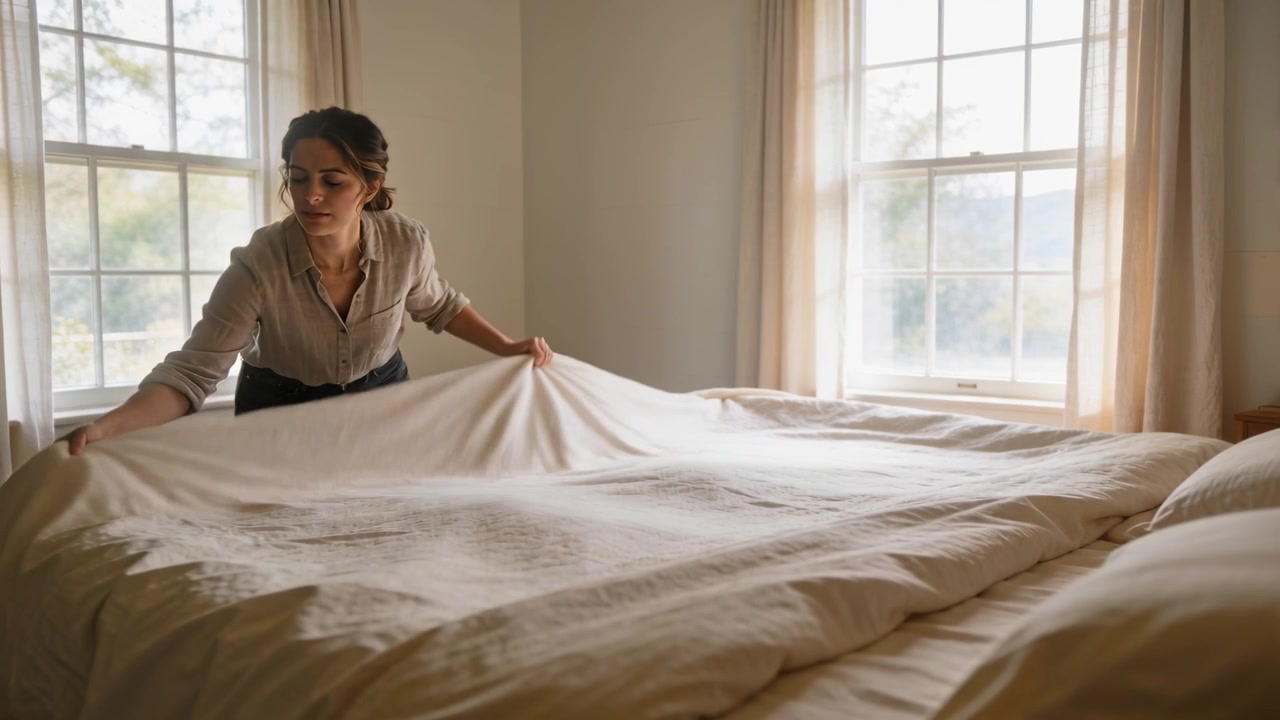 Entering woman wearing light blouse and dark trousers, lifting duvet and making bed by tall windows