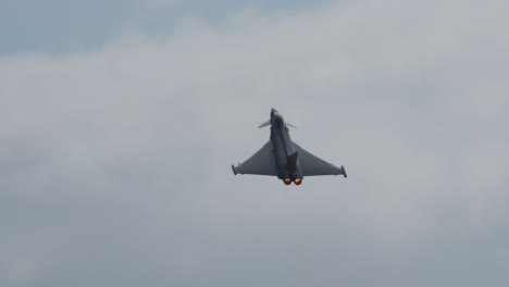 military fighter jet flying upward with visible afterburners and cloudy sky in slow motion