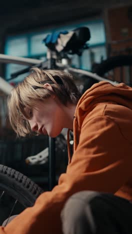 young woman repairing a bicycle in a workshop