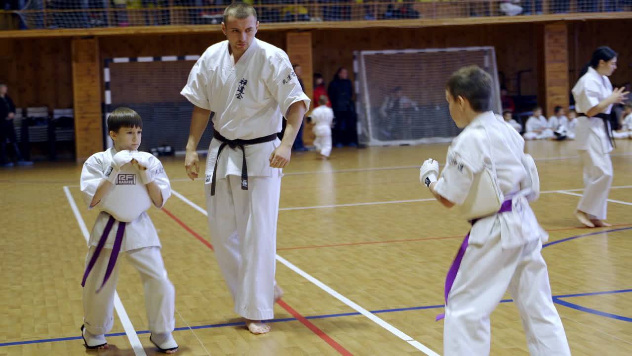 Two teenage boys have karate sparring controlled by male coach. Other pairs of sportsmen fight at backdrop.
