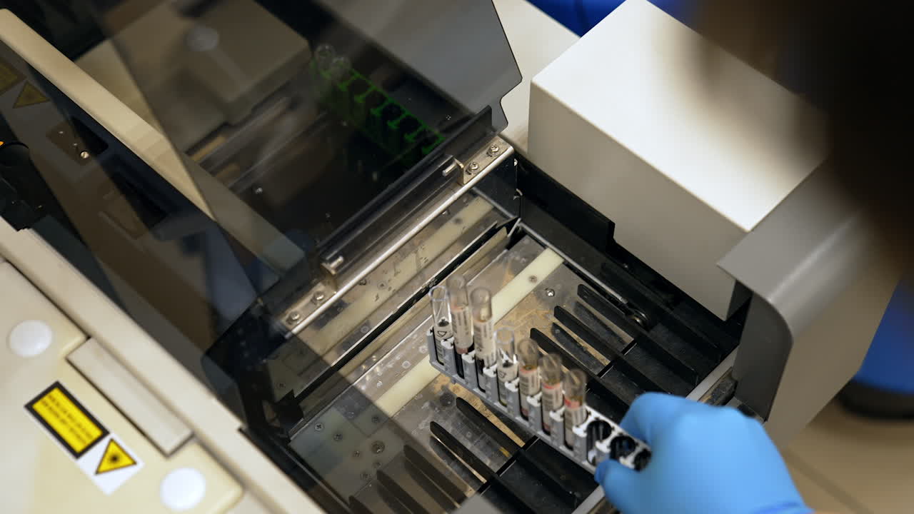 Gloved hand of a laboratory expert puts the stand with test tubes into equipment. Machine for blood test analysis in modern hospital.