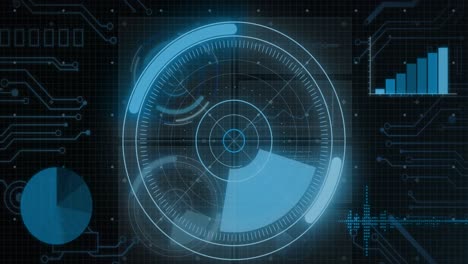 animation of round scanner scanning over interface with data processing against black background