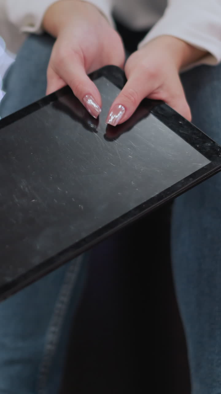 cerca de las manos sosteniendo la tableta con uñas pulidas, balanceándola suavemente mientras la pantalla refleja luces suaves, con un fondo sutil y borroso de iluminación decorativa