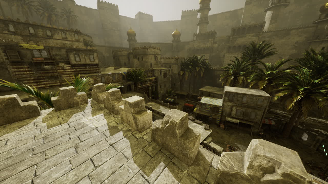 Ancient cityscape with palm trees and historical architecture at dusk