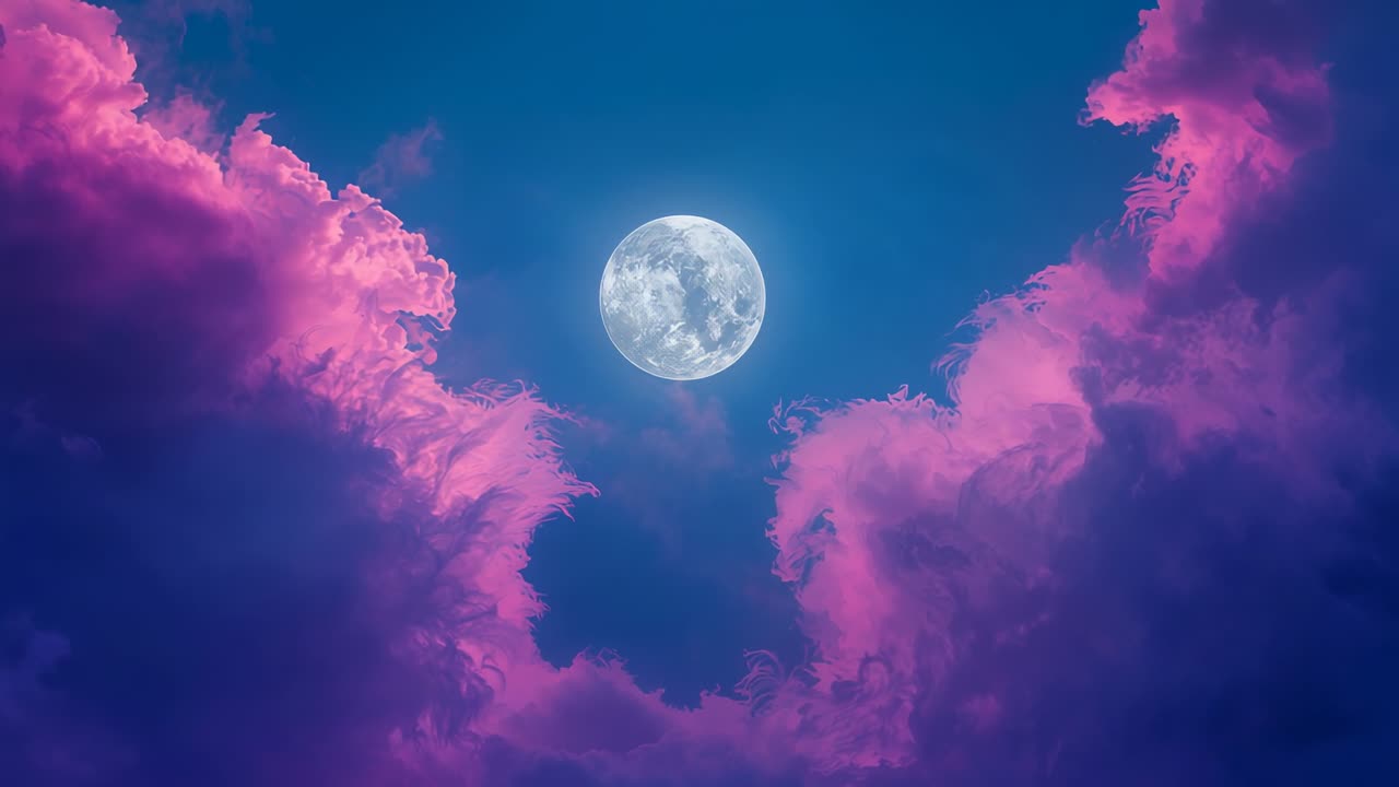 Clouds swirling around full moon in night sky after moonrise, intensifying pink clouds