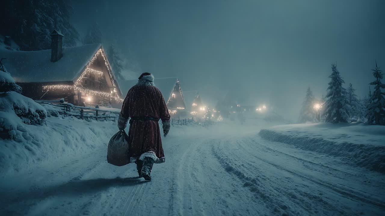 A Reimagined Journey Through a Snowy Village at Night: A Cloaked Figure Traverses a Glittering Winter Wonderland with Soft Lights and Whimsical Ambiance