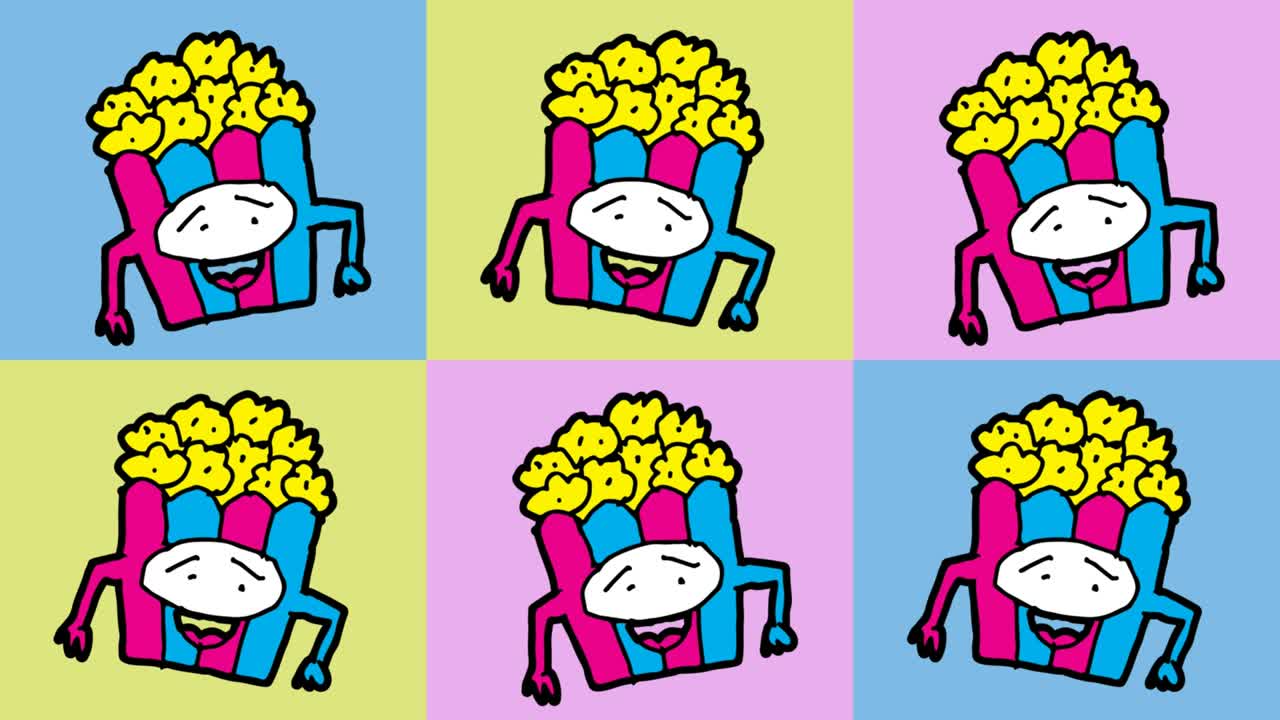 아이들이 팝 아트 그림을 그리고 있습니다. 팝콘 테마로 매이지 않는 배경입니다.