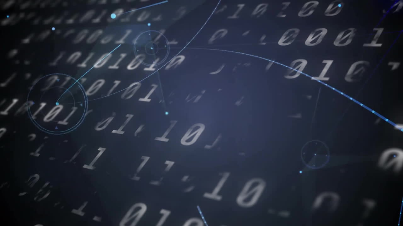 animación de código binario y conexiones de red sobre fondo oscuro