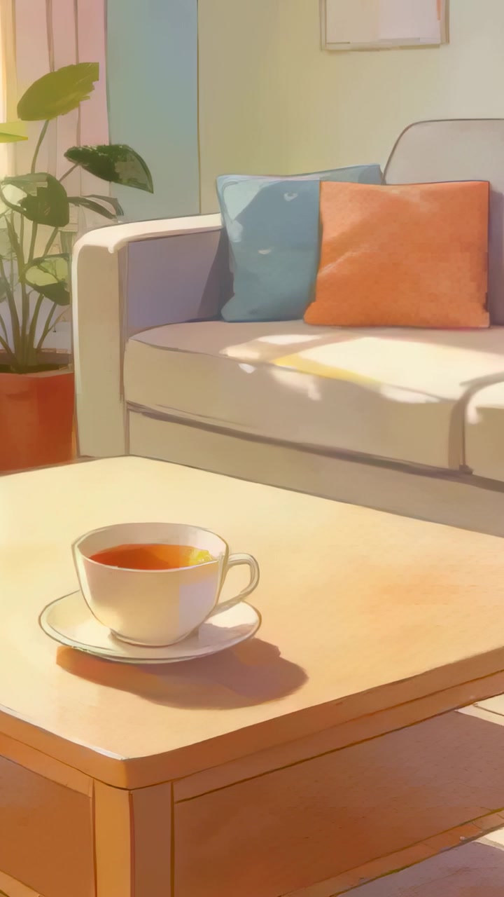 Vertical video: Shifting light moving through window across wooden table, white teacup holding tea