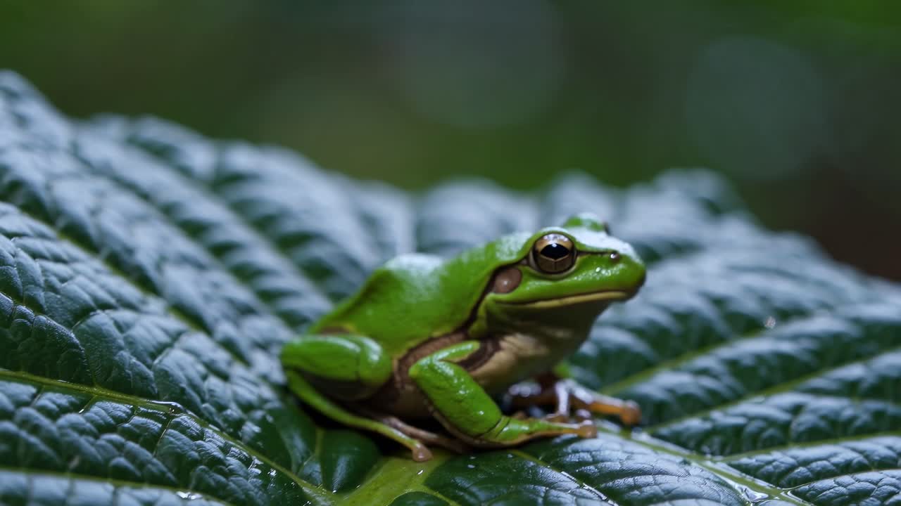 Close-up video shot of a vibrant green frog on a leaf, showcasing nature's detail from a low angle