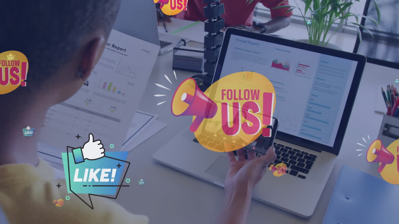 Animation of social media icons on african american woman having video call on smartphone at office