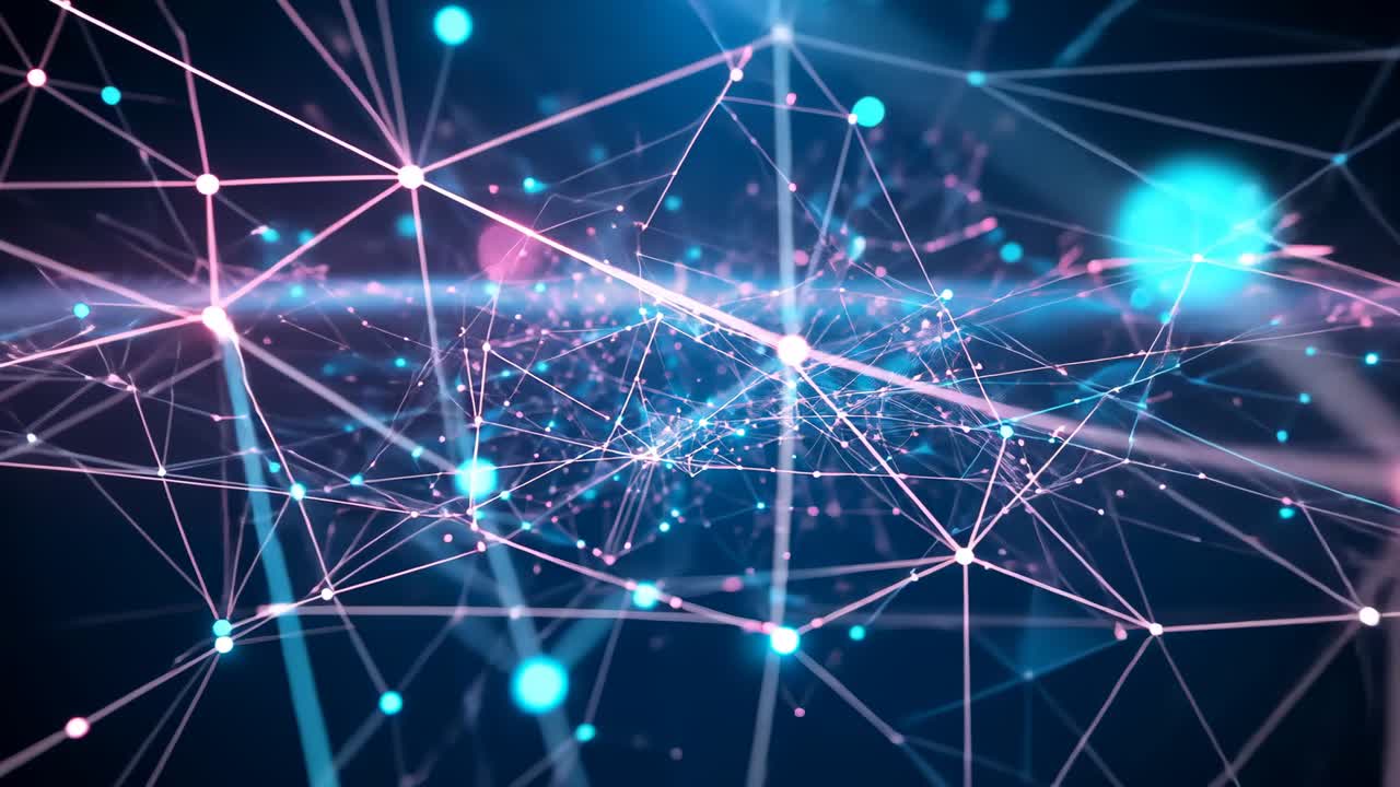 Starting playback gliding camera revealing 3D network at dark void, with glowing nodes and lines