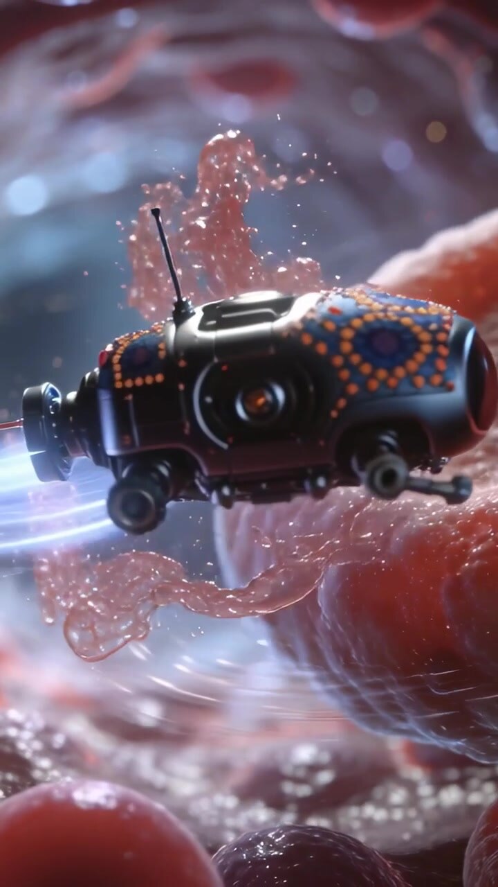Vertical video: Nearing red cell, probe hovering and sampling inside thick fluid