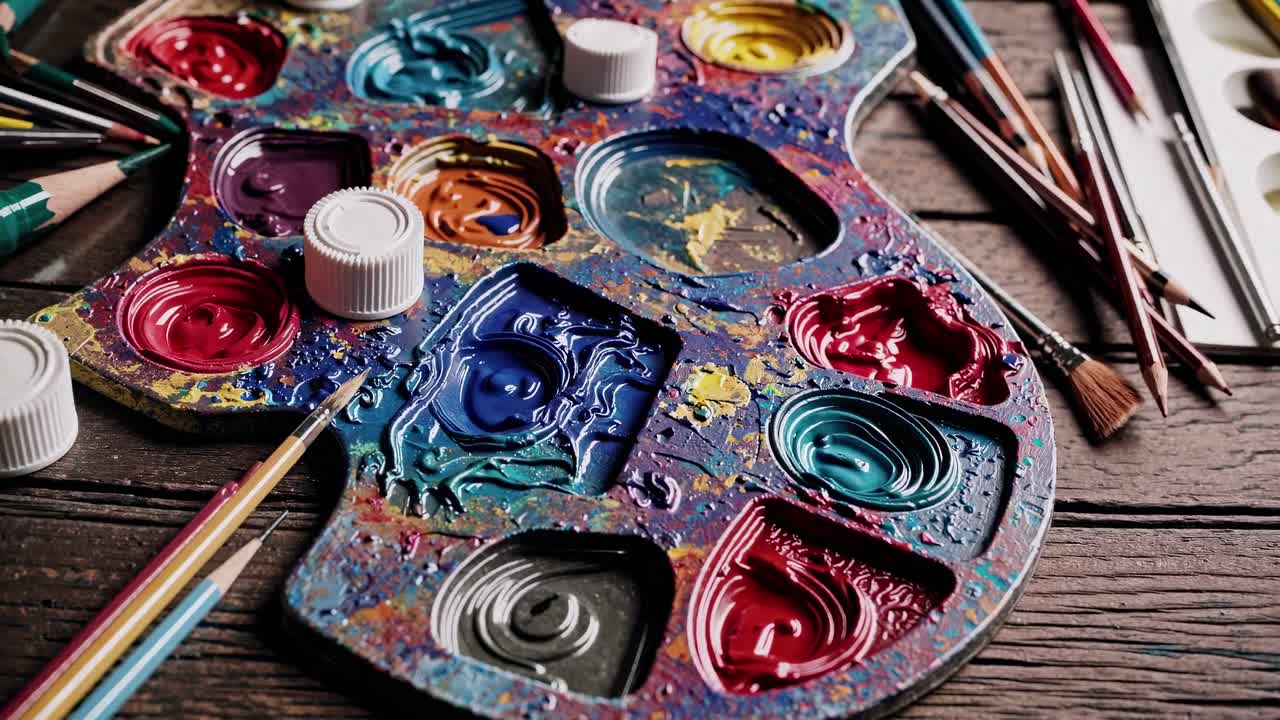 Close-up video of a colorful artist's palette with vibrant paints and brushes on a rustic wooden